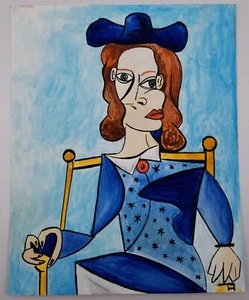 Cubism Original Painting After Picasso Woman in Hat Gouache & Ink on Paper 8x10" - Picture 1 of 12