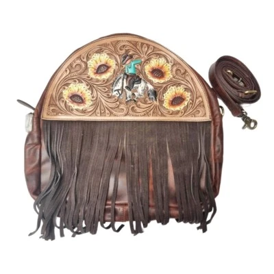 Handmade Large Fringe Western Leather Purse Cowgirl Bag Tooled Floral Vintage - Image 1 of 4