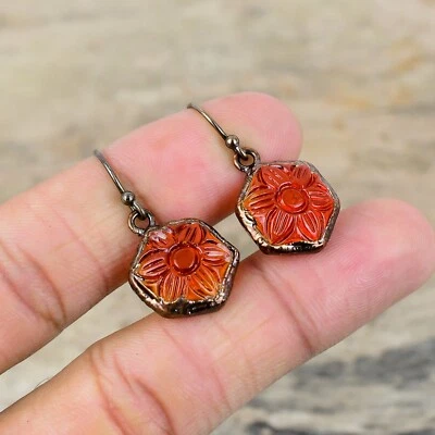 Copper Carved Red Onyx Stone Mother Dangle Drop Electroformed Earrings Jewelry - Image 1 of 4