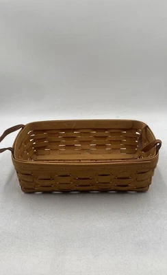Longaberger Brown Wooden Decorative Rectangle Basket With Leather Handle - Image 1 of 4