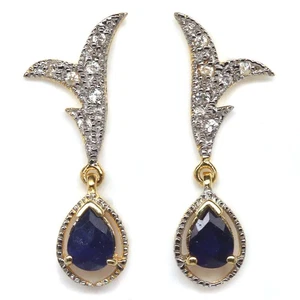 925 Sterling Silver 5 x 7 mm. Blue Sapphire& White Zircon Statement Earrings - Picture 1 of 4