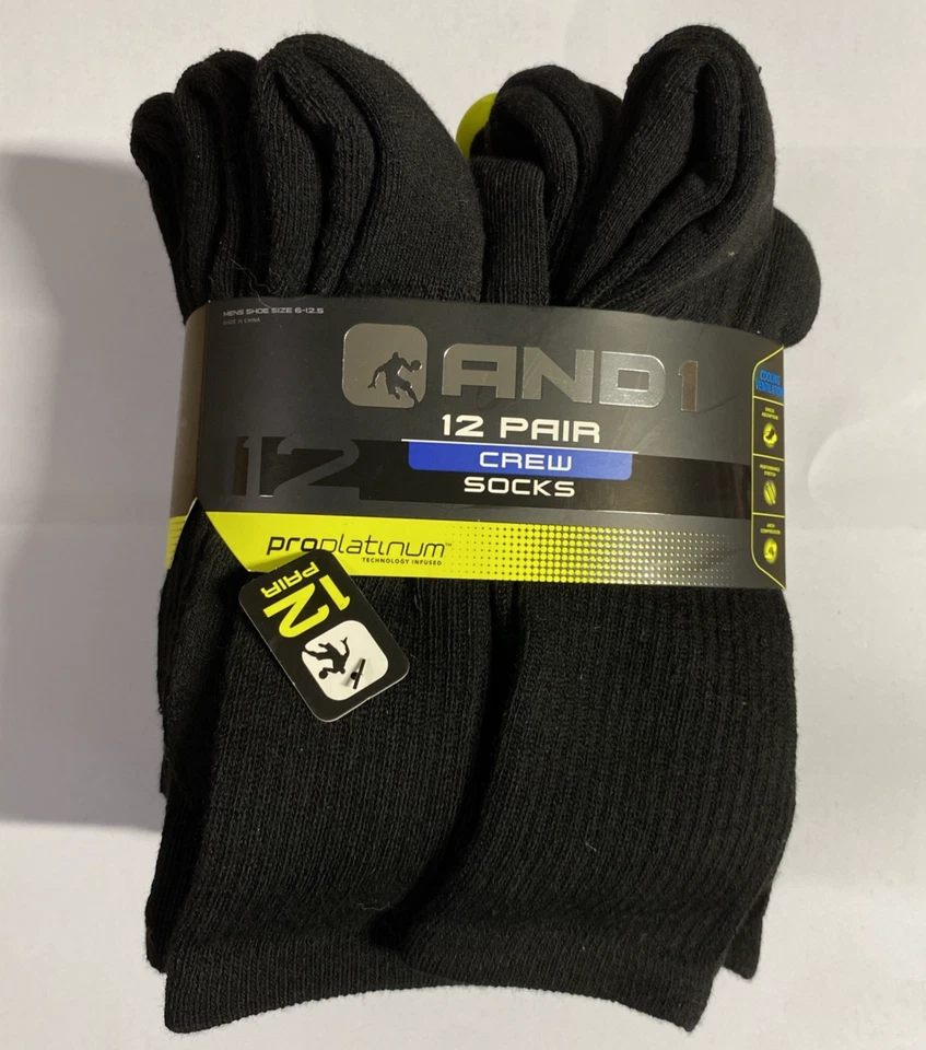 AND1 Black 12 Pair Proplatinum Crew Socks