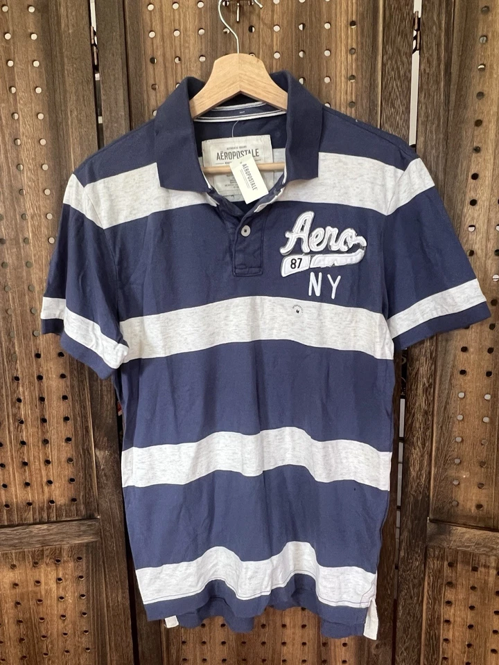 全新带标签 Aeropostale Polo 衫中号条纹短袖破旧 Y2K — 第 1/4 张图片