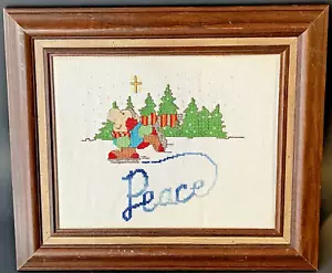 Ziggy Ice Skating Cartoon Peace & Cross Embroidered Needlepoint Framed A01545 - Picture 1 of 3