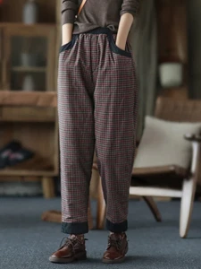 Plus size women cotton linen plaid elastic waist pants - Picture 1 of 4