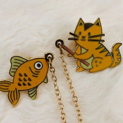 Adorable Kitty Cat Catching a Goldfish Enamel Lapel Pin Set w/ Chain - Image 1 of 3