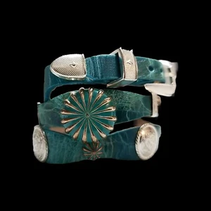 SOUTHWEST Scalloped HATBAND TURQUOISE LEATHER w/ Copper+Silver CONCHO'S + Buckle - Picture 1 of 14