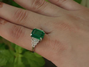 4.18 Ct Natural Emerald & Diamond Engagement Ring 14K Solid White Gold Size 6.5 - Picture 1 of 10