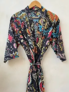 Indian Cotton Mukut Printed Long Kimono Dress Bathrobe Sleepwear Robe Maxi Gown - Picture 1 of 3