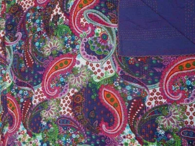 手工佩斯利 Kantha 刺绣大号/双人毯子印度床罩 — 第 1/4 张图片