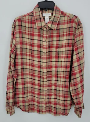 Jones New York Top Womens Medium Red Tan Plaid Linen Button Up Vintage Y2K - Image 1 of 4