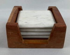 Marble Coasters Grey & White 4" Square Wood Holder Set of 4 - Picture 1 of 12