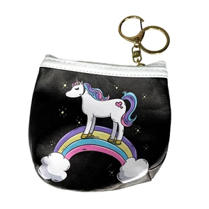 Girls COIN PURSE KEYCHAIN Key Ring Unicorn Rainbow Black Zip Bag Pouch Kids - Picture 1 of 5
