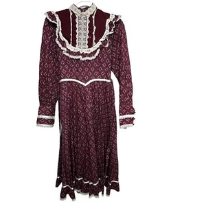 Vintage Gunne Sax Dress Prairie Cottagecore Boho Lace Size 7 Victorian Burgundy - Picture 1 of 23
