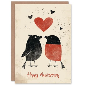 Einfache rote Rotkehlchen Vögel Paar Liebe Herz Jubiläumskarte - Bild 1 von 6