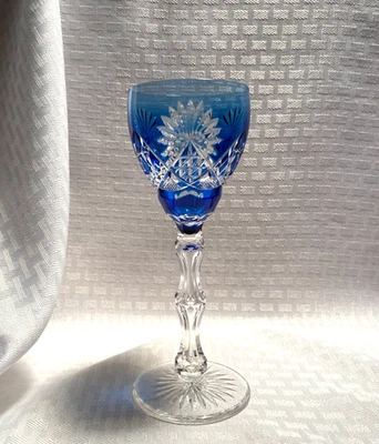 VAL ST LAMBERT COPA DE VINO TALLO BURBUJA ZAFIRO AZUL CORTE A CRISTAL TRANSPARENTE FIRMADO Foto 1 de 4