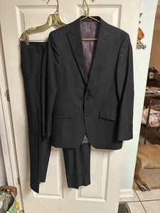 JF J Ferrar 2 Pc Suit Men Black Striped Polyester Jacket 36r Pants 30x30 - Picture 1 of 11