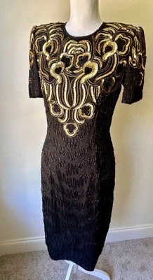 Vintage Beaded Cocktail Dress Black Gold Gatsby Evening Silk Sequin S/M 4 Lined - Image 1 of 4