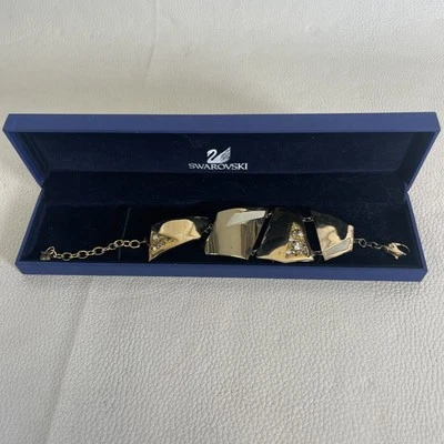 Swarovski 80's  Geometric Brass Played W/White Inlay & Amber Crystals  Bracelet - Image 1 of 4