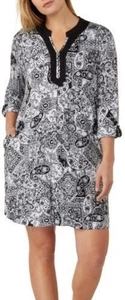 Ellen Tracy Plus 1X schwarz weiß Paisley Tunika Kleid Schlitz Ausschnitt Freizeit NEU - Bild 1 von 6