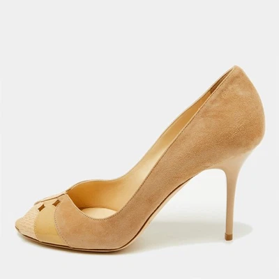 Jimmy Choo Beige Suede and Leather Open Toe Pumps Size 39 - image 1 of 4