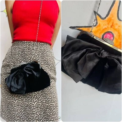 Vintage Swarovski Crystals Black Velvet Clutch - Neiman Marcus - Satin Bow Bag - Image 1 of 2