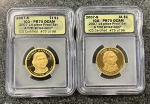 2x 2007-S John Adams & Thomas Jefferson PR70 DCAM dólar presidencial prueba ICG - Imagen 1 de 2