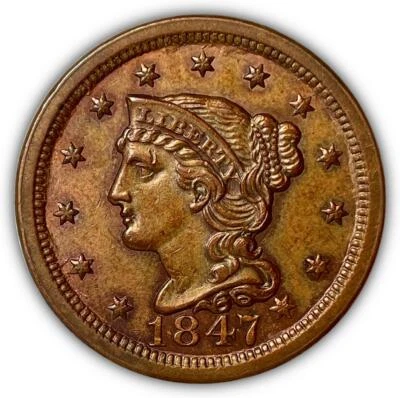 Moeda UNC cabelo trançado 1847 centavo grande não circulada #4157 - Imagem 1 de 3