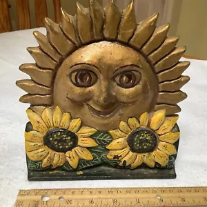Antique Cast Iron Door Stop Sunrise With Flowers - Picture 1 of 6