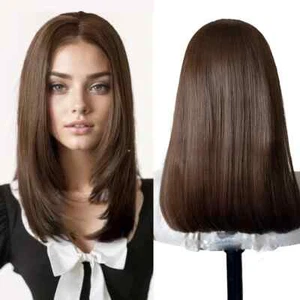 Schokobraune Perücke Lagenlook Perücke Synthetik Lace Front Perücken für Damen dunkelbraun - Bild 1 von 13