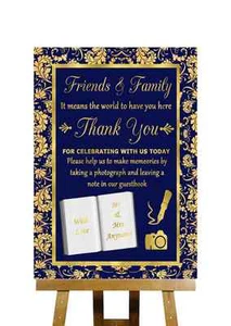 Letrero de boda personalizado libro de visitas de agradecimiento azul y dorado - Imagen 1 de 8