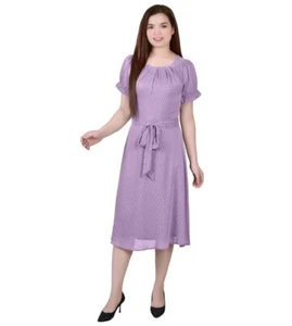 NY Collection Women's Short Sleeve Belted Swiss Dot Dress Lavender Sz-PS - Picture 1 of 6