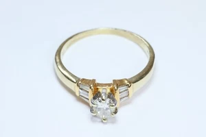 Vintage 14k Gold Ring Diamond Oval Solitaire w Baguette Accent Stones - Picture 1 of 8