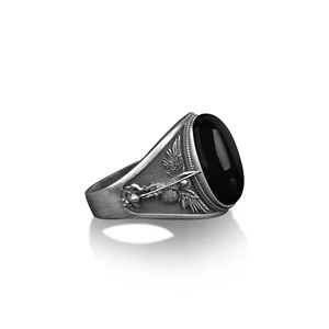 Solid 925 Sterling Silver Black Onyx Gemstone Archangel saint Michael Men's Ring - Picture 1 of 9