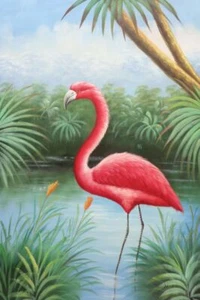 36x24 Un flamenco Phoenicopterus en busca de comida pintura al óleo naturalismo - Imagen 1 de 1
