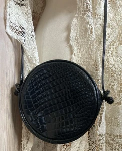 Vintage Vittoria Faux Croc Lizard Patent Round Circle Bag Purse Handbag Zip - Picture 1 of 8
