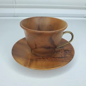 Wooden Cup And Saucer Myrtlewood The Station Bandon OR Signed By Judy - Picture 1 of 20
