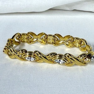 Vintage MOD Signed Gold Tone Rhinestone Link 7.5" Bracelet – Marquise Cut Clear - Picture 1 of 7