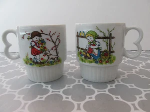 Vintage Made in Japan Stackable Coffee Cups Mugs Set of 2 with Girls    - Picture 1 of 9