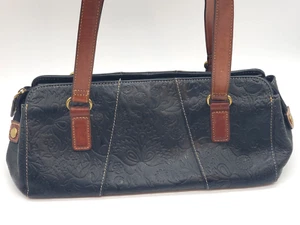 Vtg Fossil 75082 Handbag Shoulder Floral Hobo Bag Pebbled Black Leather Purse - Picture 1 of 11