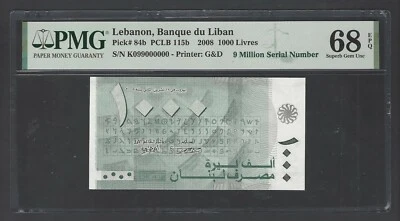 Lebanon 1000 Lira  2008  P84b "9 Million Serial Number" Uncirculated Grade 68 - Image 1 of 2