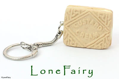 Polymer Clay Custard Cream Biscuit Silver Plated Keyring Key Chain Food Retro - Image 1 of 2