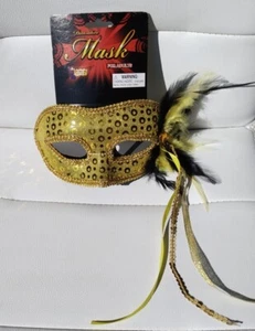 Halloween Masquerade Mask Gold Sequin Feathers - Picture 1 of 3