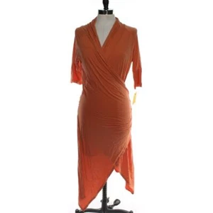 Yummie Tummie Womens M Asymmetric Bodycon A-Line Dress Mid-Calf Orange Chic - Picture 1 of 3
