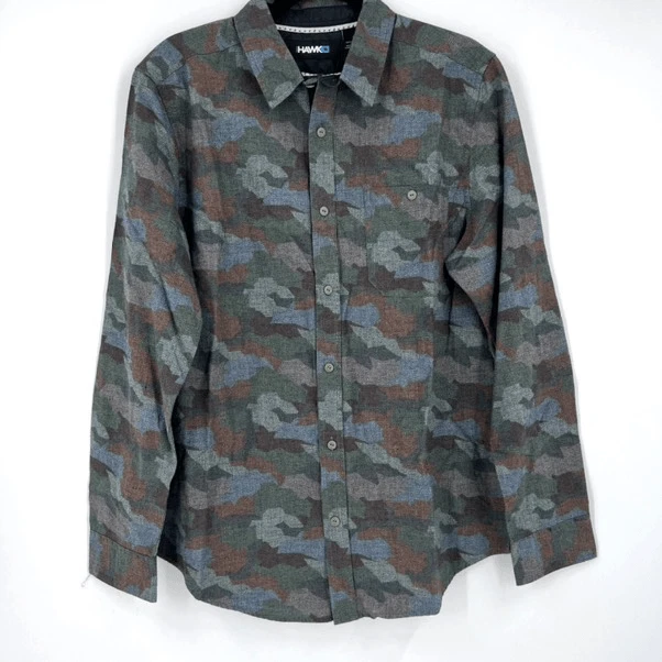 Hawk Vintage Men's Green Camouflaged Pattern Long Sleeve Polo Shirt Size Medium - Image 1 of 4