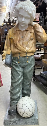 Superb Italian Carrara Hand Carved Marble Large 42" Boy with Soccer Ball Cover