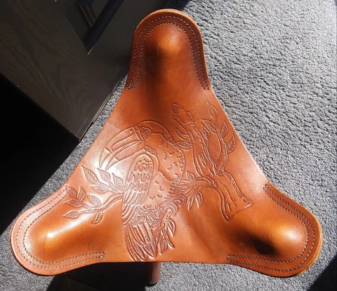 Vintage 60's Hand Tooled Leather W/Parrot Design Tripod Hunting/Camping Stool Cover
