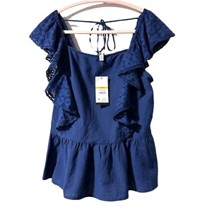 Sofia Vergara Women’s Top Navy Blue Size L Peplum Eyelet Ruffle Cotton Linen NWT - Picture 1 of 10