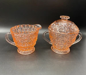 Windsor Pink Jeanette Depression Glass Covered Sugar Bowl & Creamer - Picture 1 of 22