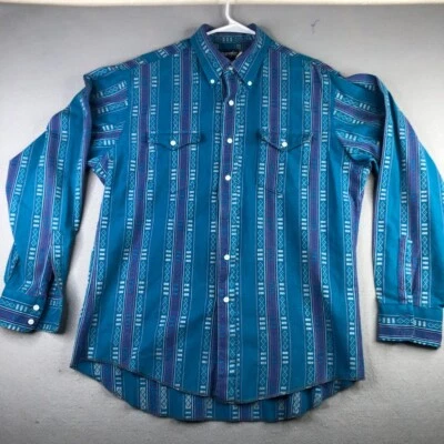 VTG Wrangler Shirt Men 16.5 35 Blue Navajo Aztec Tribal Western Rodeo Cowboy Cut - Image 1 of 4